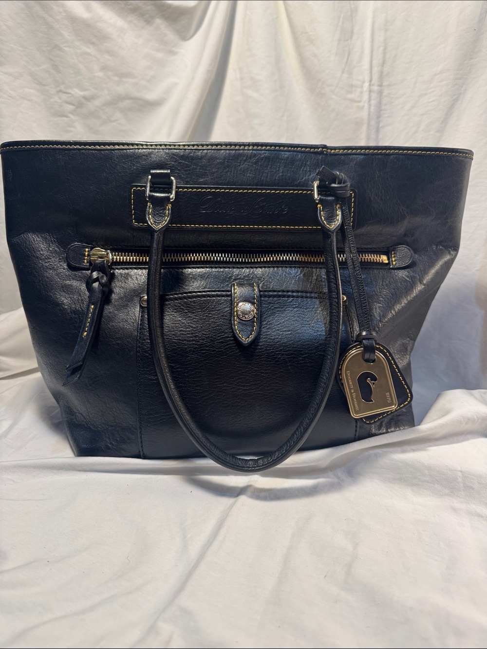 Black Florentine Vacchetta, leather Tote Bag with Front Pocket and Gold Hardware